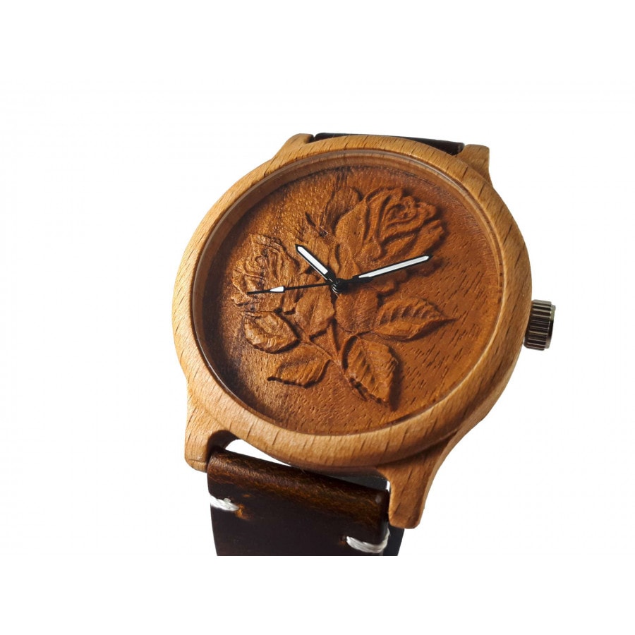 Dřevěné 3D hodinky - Růže květ