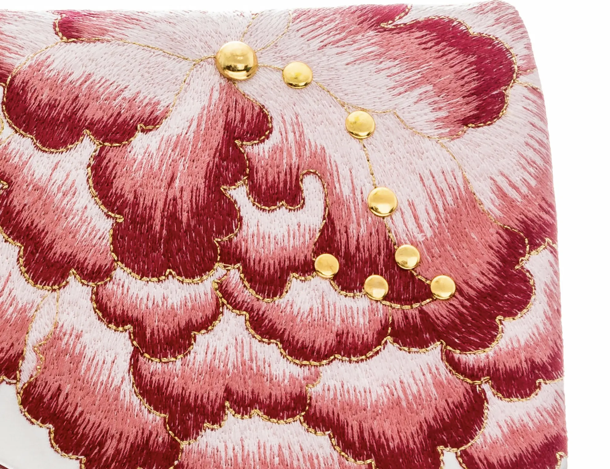 kimono gold edition Detail ručně zhotovené klopy z upcyklovaného hedvábného kimona v odstínech růžové a červené